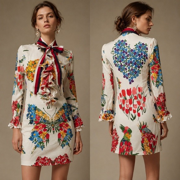 Gucci Dresses & Skirts - Gucci Silk Floral Butterfly Print Ruffle Bow Mini Dress 434347 Ivory S